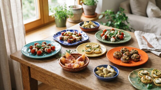 Assortment of bite-sized party appetizers served on a wooden table