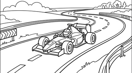 Fototapeta premium Formula Race Car on Winding Track Coloring Page Illustration