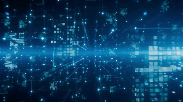 Digital data network animation showing glowing blue cube structures moving through a deep space video environment