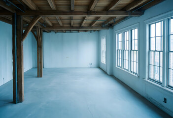 Obraz premium Real estate development and interior design, empty industrial loft space with wooden beams and large windows for modern office or residential renovation
