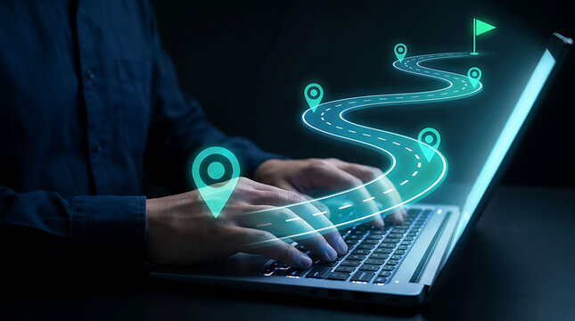 Person typing on a laptop with a glowing digital roadmap graphic projection