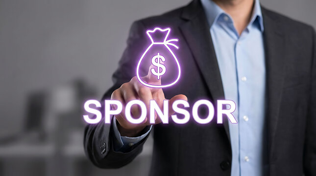 Businessman touching digital screen with sponsor text and money bag icon
