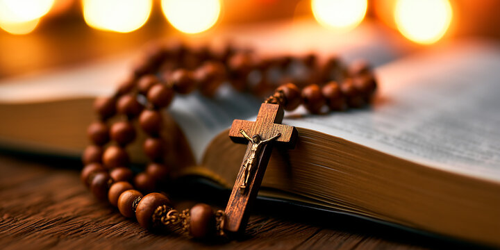 Rosary beads and crucifix cross on holy bible