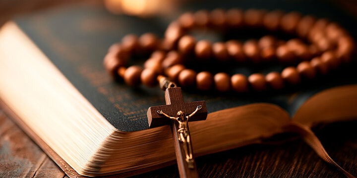Rosary beads and crucifix cross on holy bible