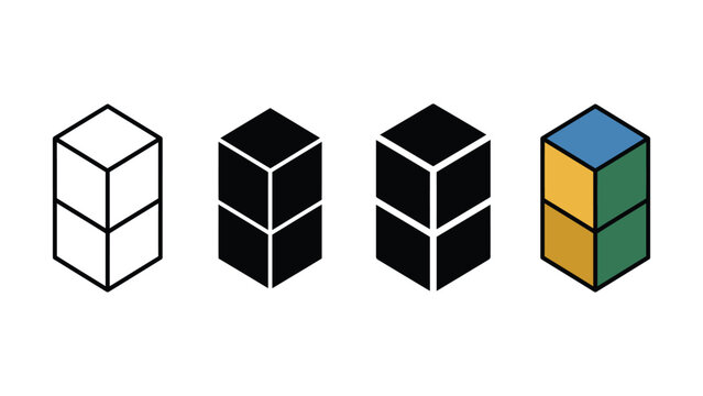 Set of four isometric stacked cube icons with outline solid and colored variations