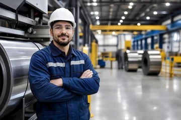 Professional Worker in Safety Gear Smiling in Modern Factory Environment © Aodsy