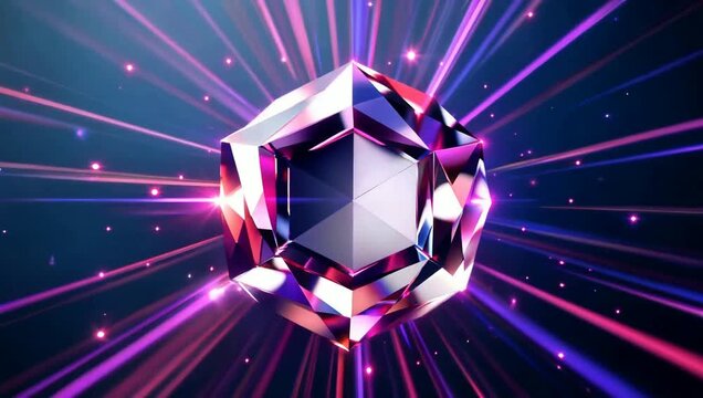 Abstract floating crystal polygon gem with glowing purple and blue light beams and sparkling particles
