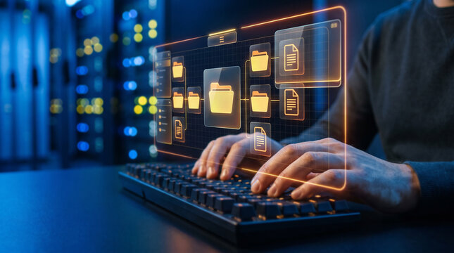 Secure data export and privacy management concept featuring digital account system, document downloads, file folders, data integration, and protected server infrastructure