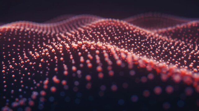 Glowing orange sphere particles undulating in a dark digital space background motion video visual design element