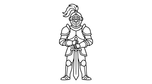 Medieval knight in full plate armor holding a sword line art