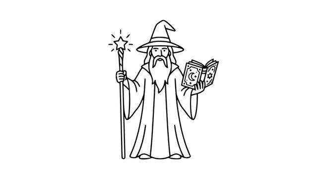 Wizard holding a magic staff and reading an ancient spellbook