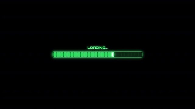 Green digital loading bar progress indicator with text on a overlay Transparent  screen background for web design and technology user interface elements