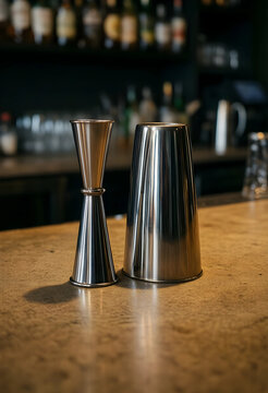 Mixology and cocktail preparation, stainless steel jigger and shaker on a bar counter for professional beverage service and craft spirits industry