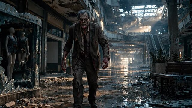 Mature man in rugged jacket walking through abandoned industrial warehouse with exposed beams and debris