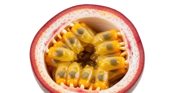 Close Up Of A Passion Fruit Cross Section Displaying Yellow Seeds And Purple Rind With Transparent Background