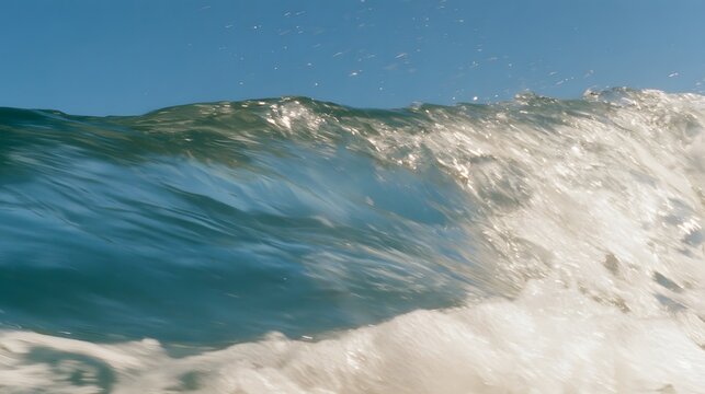 Cinematic Ocean Waves with Sparkling Sunlight and Foamy Sea Water Close Up