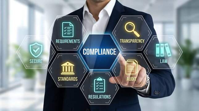 Businessman interacting with digital compliance and regulatory management system