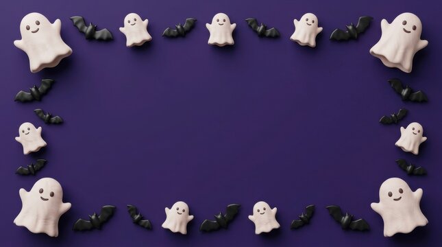 Cute ghost and bat frame on a dark purple background for halloween