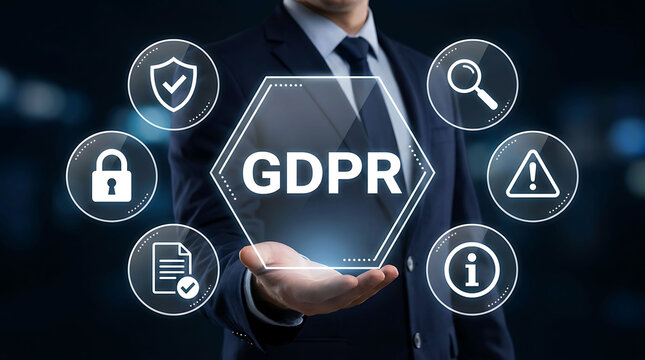 Businessman holding virtual GDPR compliance icon for data protection law