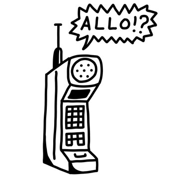 Retro brick mobile phone, bold hand-drawn sketch with "ALLO!?" speech bubble