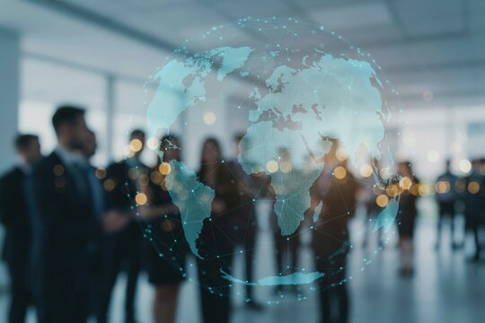 Global business network with digital world map and professional team in background