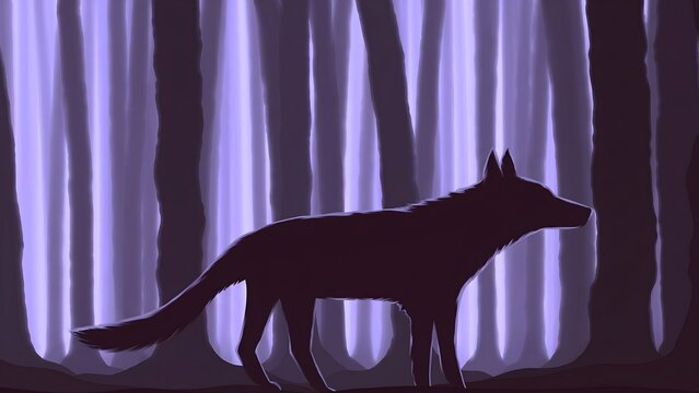 A wolf silhouette in a purple forest