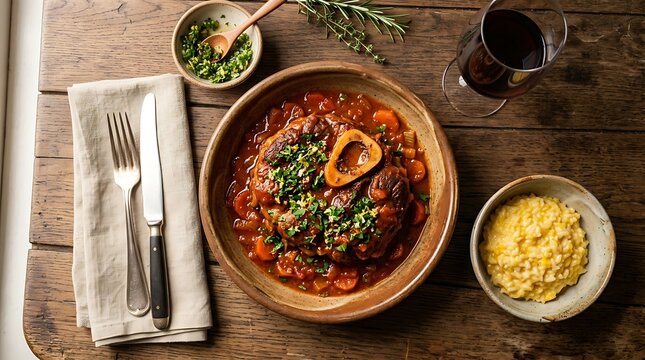 Delicious osso buco meat stew served with polenta on a rustic wooden table top view for dinner meal. veal osso bucco