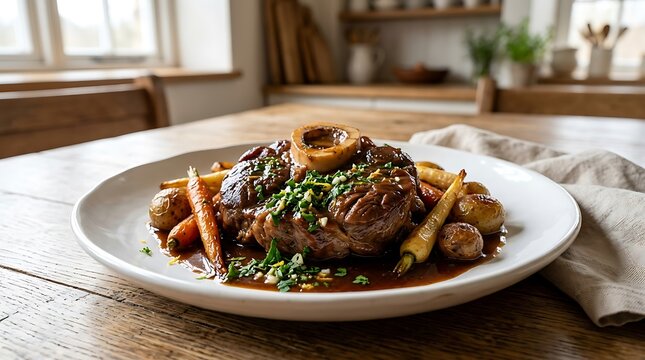 Delicious osso buco veal shank served with roasted vegetables on a plate in a bright home kitchen. veal osso bucco