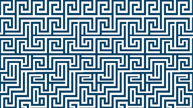 Seamless Greek key pattern with geometric meander lines in blue and white
