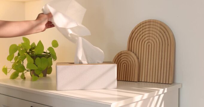 Woman taking paper tissues out of holder near cabinet indoors, closeup