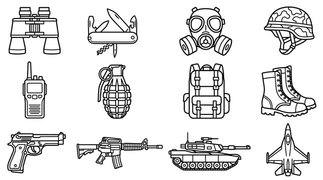 A set of twelve black and white outline icons depicts various military and tactical gear, featuring binoculars, a multi-tool, a gas mask, a camouflage helmet, a walkie-talkie, a hand grenade, a.
