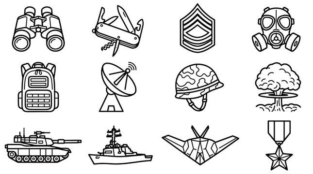 A collection of twelve military-themed outline icons includes binoculars, a multi-tool, a sergeant major's chevron, a gas mask, a backpack, a satellite dish, a camouflage helmet, an atomic bomb.