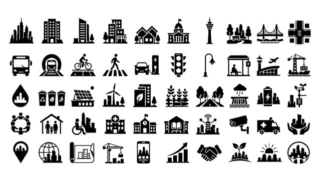 Set of black silhouette smart city icons representing urban infrastructure architecture public transportation and sustainable living concepts