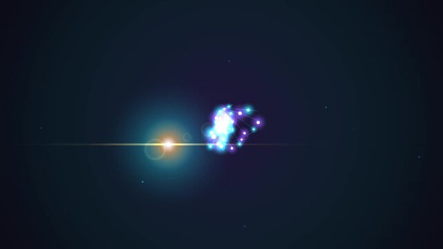 Abstract 3D animation of a spinning atom model with glowing electrons and a bright central lens flare on a dark background