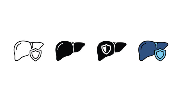 Set of medical liver icons with shield symbols for health protection and liver function concepts