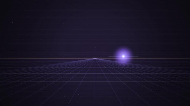 Retro futurism 80s synthwave background with purple perspective wireframe grid and glowing sun on horizon.