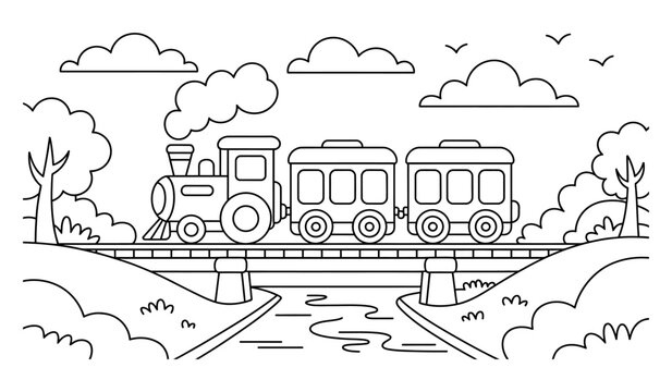 Coloring page of a steam train crossing a bridge over a river