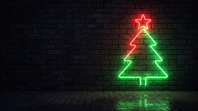 Neon Christmas Tree on Dark Brick Wall