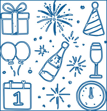 Happy New Year Celebration Icons with Gift, Fireworks, Balloons, Champagne,  Clock and adobe Illustrations Artwork