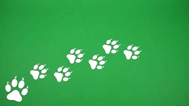 White wolf paw prints appearing on green background screen showing digital animation motion footage for creative animal themed video projects