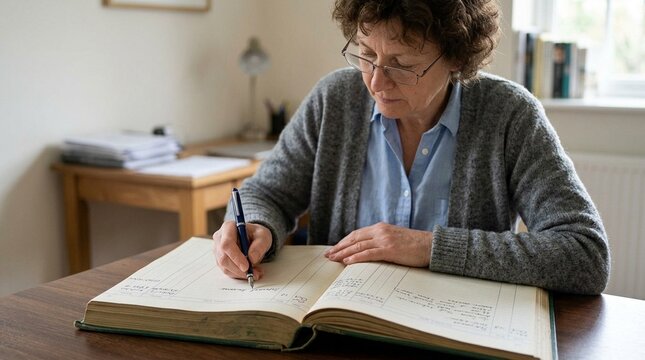 Bookkeeper entering interest income into a ledger book, investment income and revenue recording concept