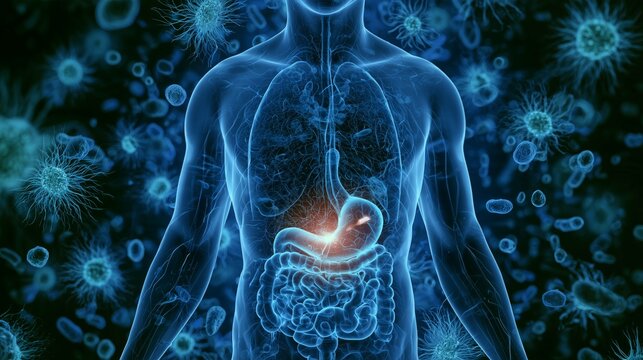 Human silhouette shows glowing connection between stomach and brain with gut bacteria surrounding the figure