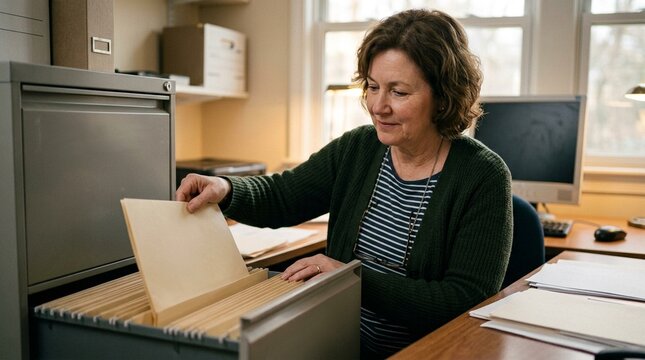 Bookkeeper filing a signed engagement completion form, client project sign off and closeout paperwork concept