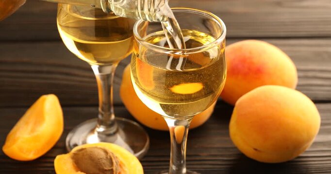 Pouring apricot liqueur into glass and fresh fruits at wooden table, closeup
