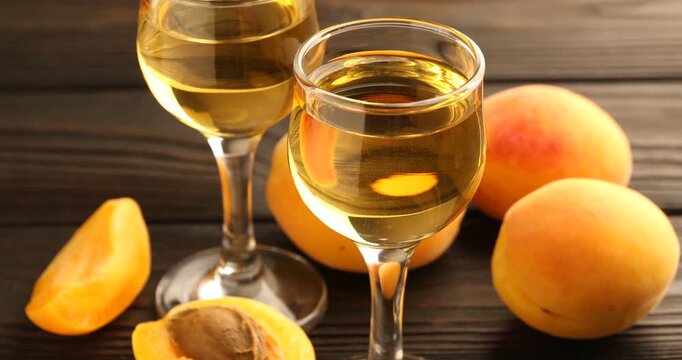 Apricot liqueur in glasses and fresh fruits on wooden table, closeup. Camera moving right