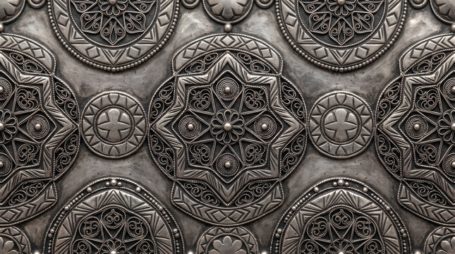 Intricate silver filigree metal pattern with embossed geometric star motifs