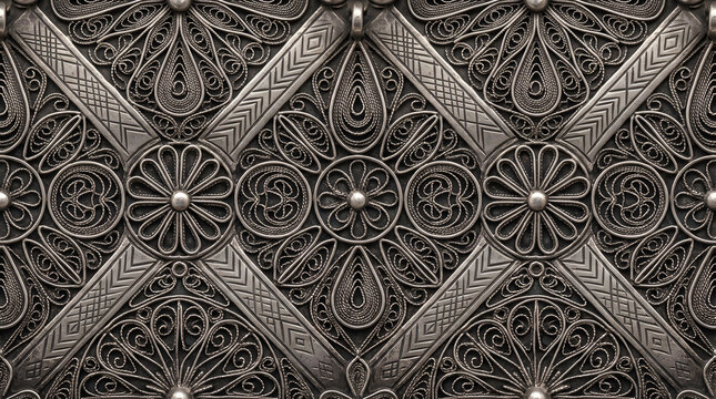 Intricate silver filigree metal pattern with floral and geometric motifs