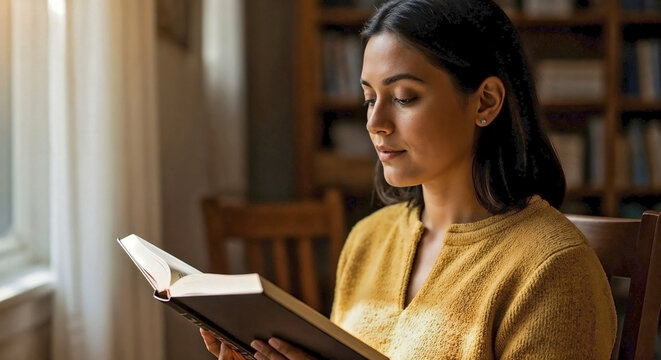 Focused young woman reading a book at home. Female student studying literature in library. Education and leisure concept