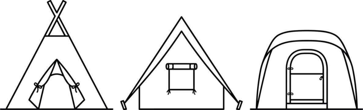 Camping tents, teepees, and outdoor shelter icons vector set in clean outline style