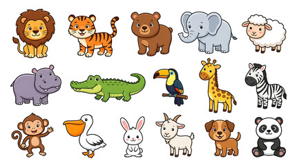 Fototapeta premium Set of Cute Cartoon Animals Vector Illustration Featuring Various Wild and Farm Creatures